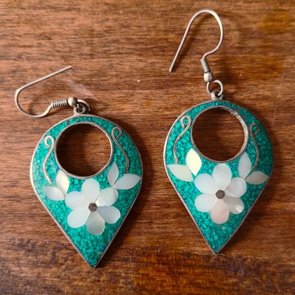 Authentic Vintage Alpaca Silver Mexico Tourquoise + Abalone Shell Inlay Earrings - Picture 1 of 5
